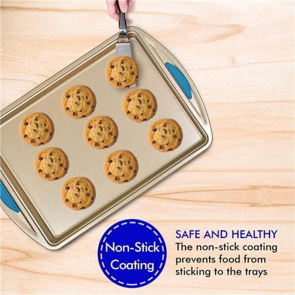 2 Piece Cookie Sheet Baking Pan Set, Gold Nonstick Trays (Blue) - Picture 6 of 6